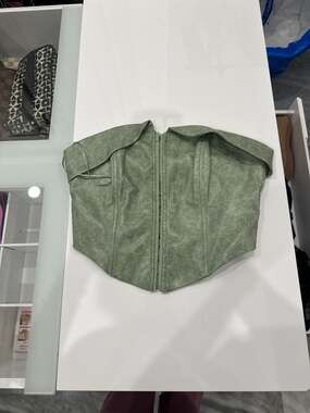 Cherry Mellow Sage Distressed Faux Leather Strapless Corset Top